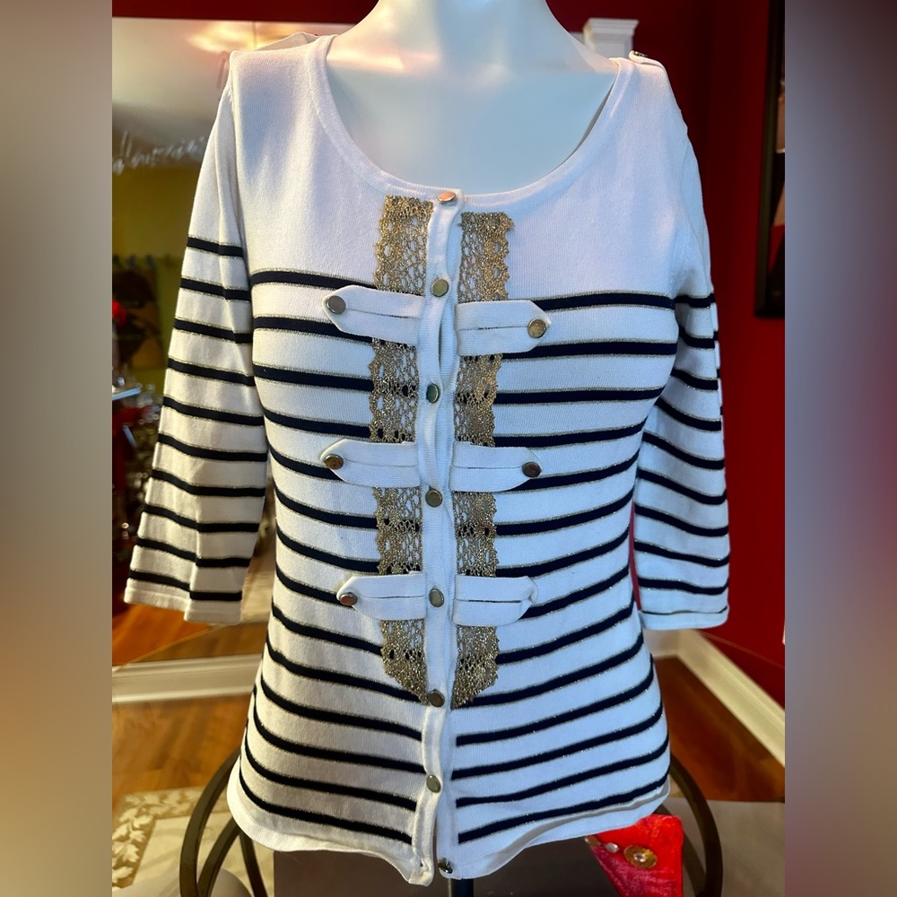 DOLCE CABO  NAUTICAL STRIPE KNIT CARDIGAN WITH BRASS DETAILS SIZE S